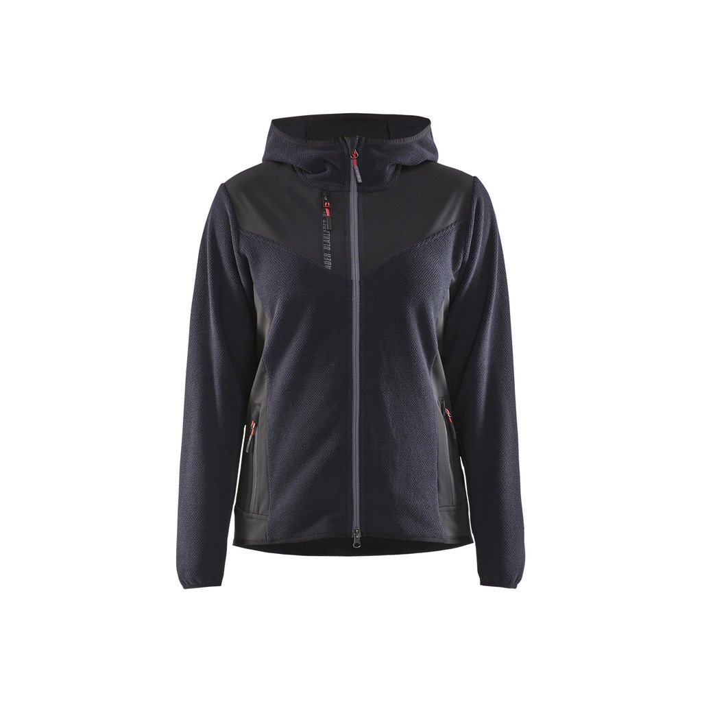 [594125368699L] Strikkejakke med softshell og hette dame (L, Mørk marineblå/Svart)